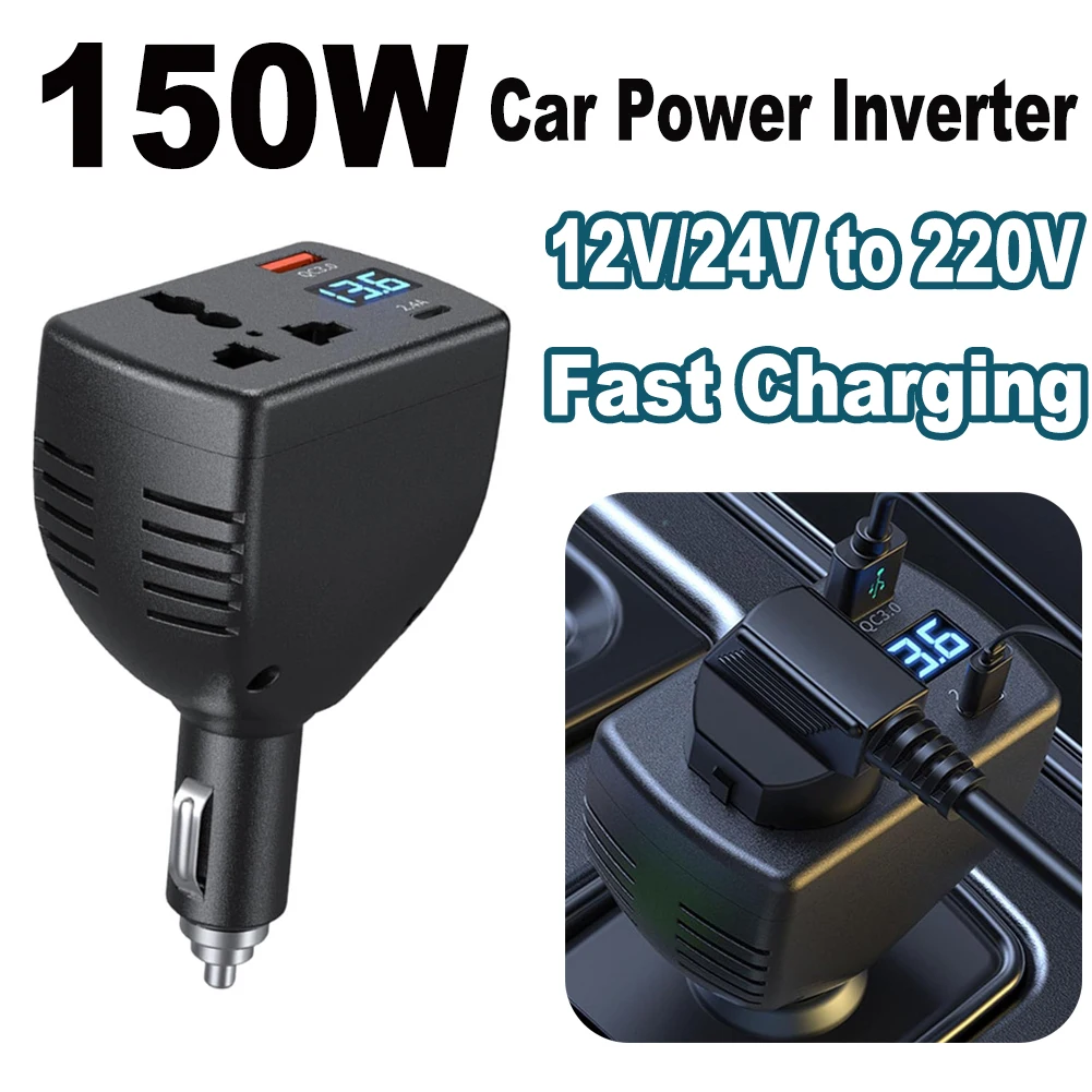 NEW 150W Cigar Lighter Adapter Inverter Car Power Adapter Converter DC 12V 24V to AC 220V with Display Type-C USB Charger