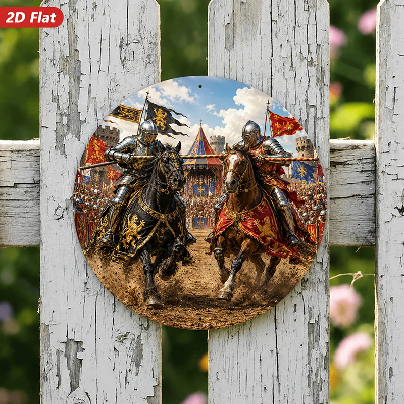 CIFBUY Medieval Jousting Knight Round Aluminum Wall Art, Waterproof Durable Metal Sign for Garden Entry Patio Indoor Outdoor