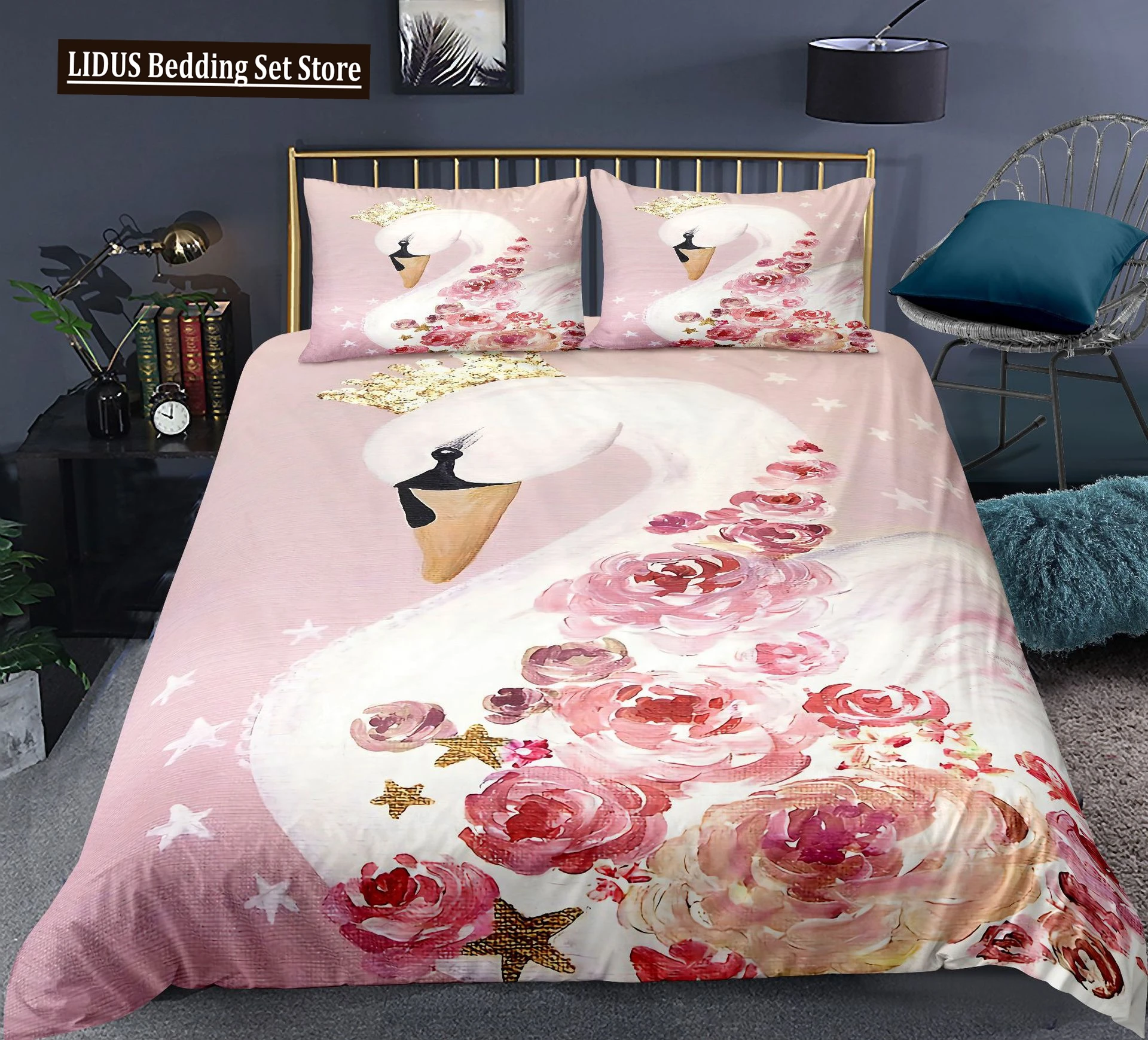 

Swan Duvet Cover Set Rose Crown Comforter Cover Polyester Bedding Set Sweet Girl Romantic Quilt Cover Pink Red King Twin Size