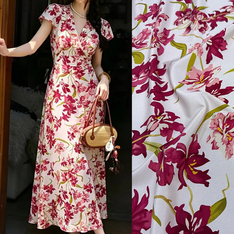 Purple Red Floral Printed Stretch Silk Crepe de Chine Fabric for DIY Sewing Summer Dress Pajamas Soft White Silk Fabric FR7039