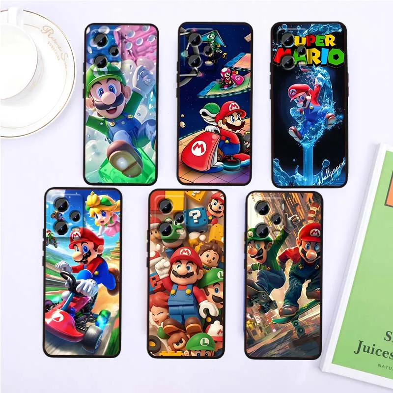 M-M-Mario Art أنيمي لشاومي ريدمي نوت 15 14 13 12 12S 11E 11 11S Pro Plus 4G 5G أسود ناعم غطاء من البولي يوريثان الحراري