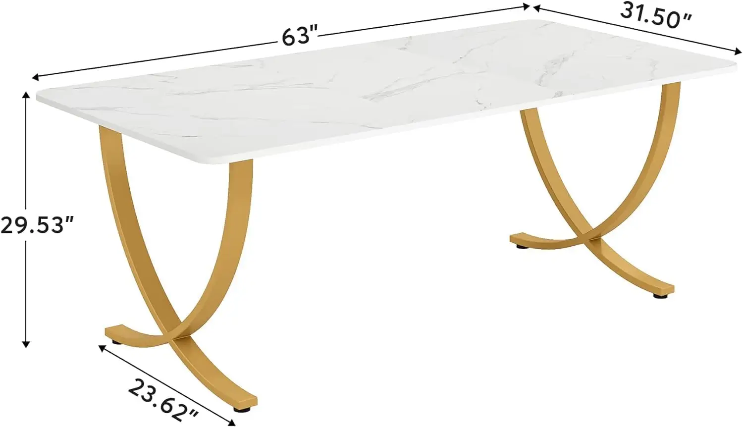 Bureau de direction, grand bureau de 63 pouces W x 31.5 pouces D, bureau d'ordinateur moderne, table de conférence, table de salle de réunion, blanc et or