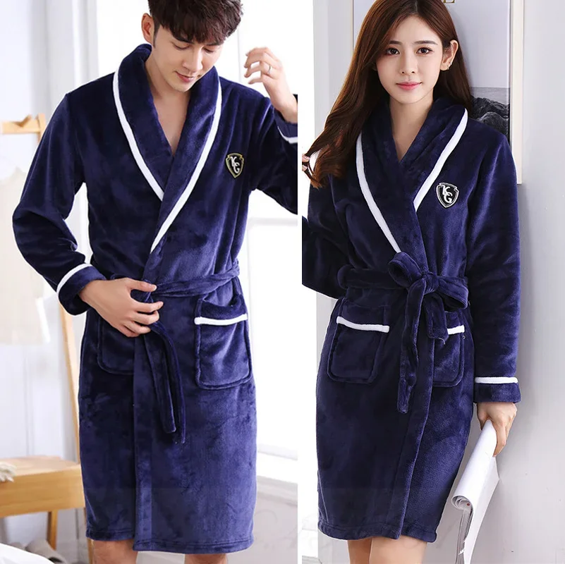 Thicken Warm Flannel Couple Robe Lounge Wear Winter Kimono Bathrobe Gown Women Sleepwear Homewear Loose Coral Fleece Nightwear