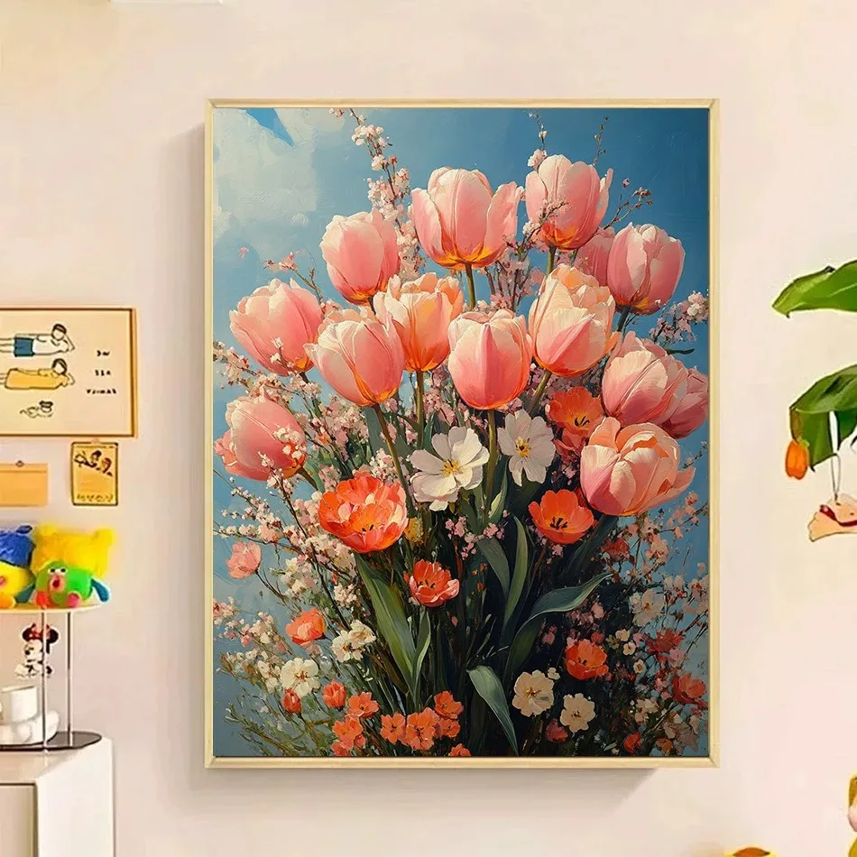 Malen nach Zahlen Buntes Blumenstrauß Vintage DIY-Set Handarbeit Farbmarker Zeichnen auf Leinwand Farbmarker Handgefertigt