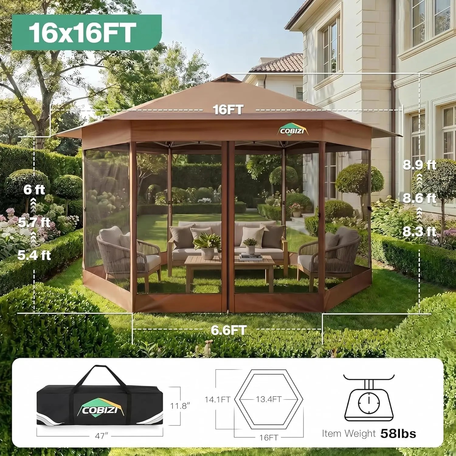 16x16FT Pop Up Gazebo on Clearance with Mosquito Netting, Brown, Customized