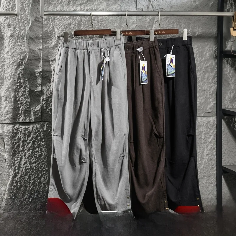 

Loose Straight Leg Flax Wide Leg Nine Point Pants Men's Casual Loose Fit Straight Tube Tapered Pants Vintage Hong Kong...