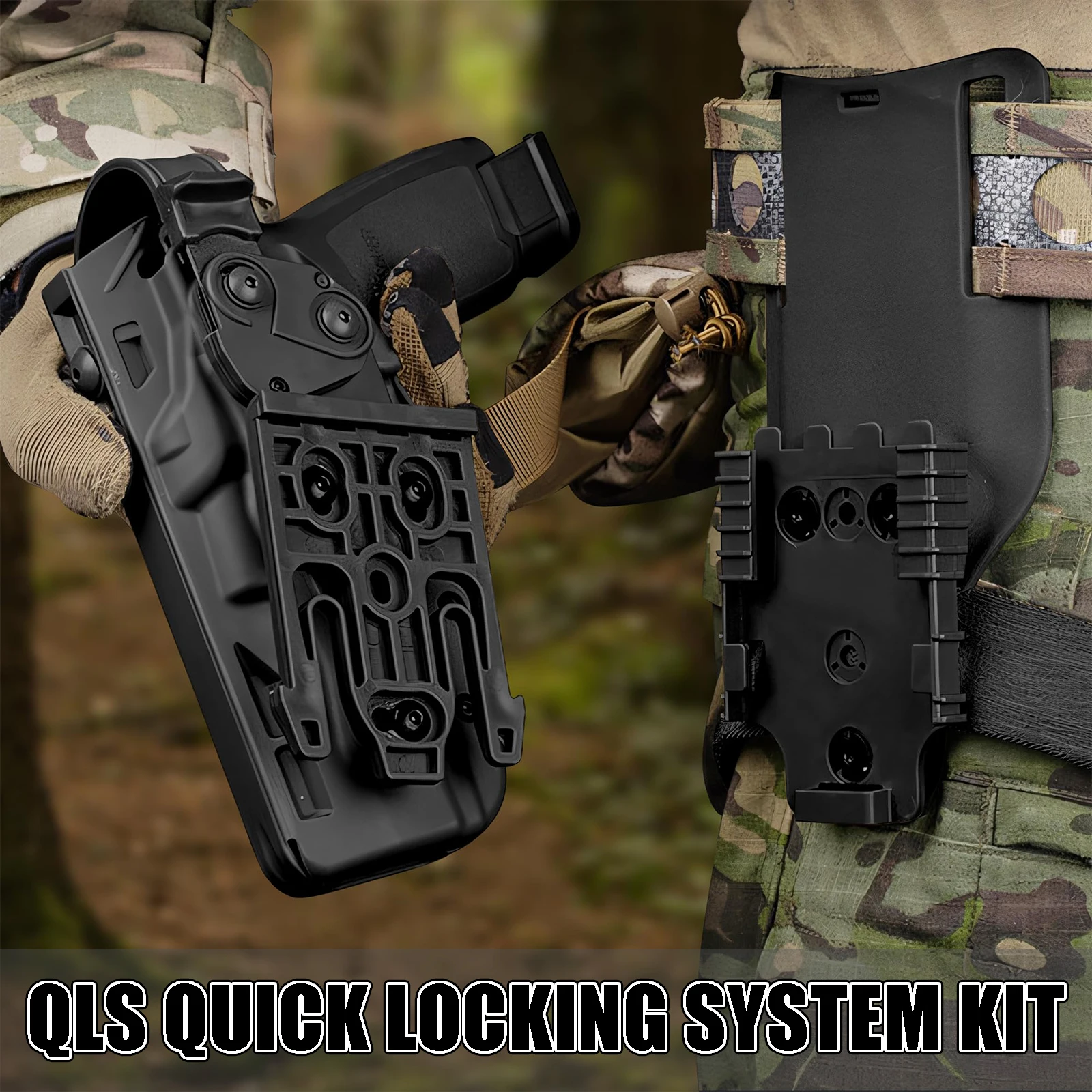 

Tactical QLS Quick Locking System Kit with 2" Belt Loop Fork Receiver Plate Elastic Leg Strap & Mag Pouch Holster 2.25" Adapter