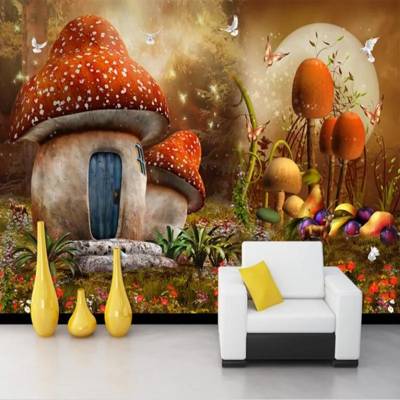 

Self-adhesive material wallpaper Cartoon mushroom room Children's room background wall decoration painting murals 3d wallpaper