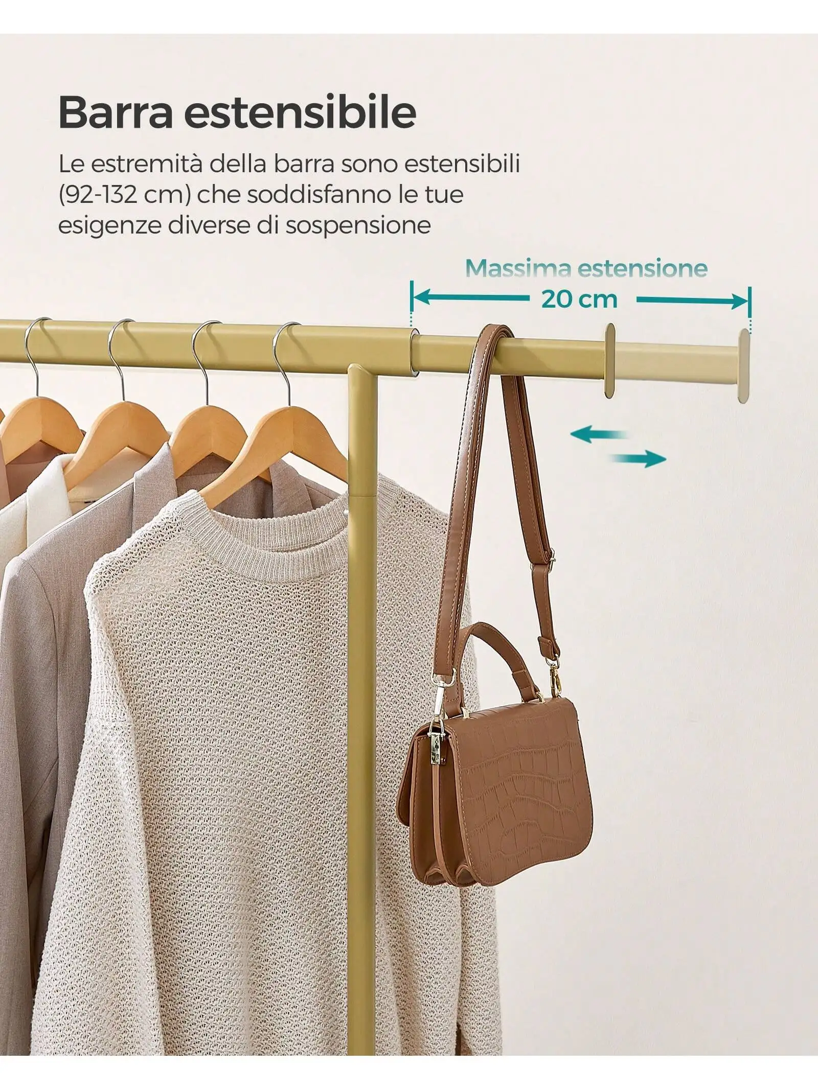 SONGMICS appendiabiti per impieghi gravosi su ruote, binario estensibile, carico di 90 kg, facile montaggio, portatile, oro pallido