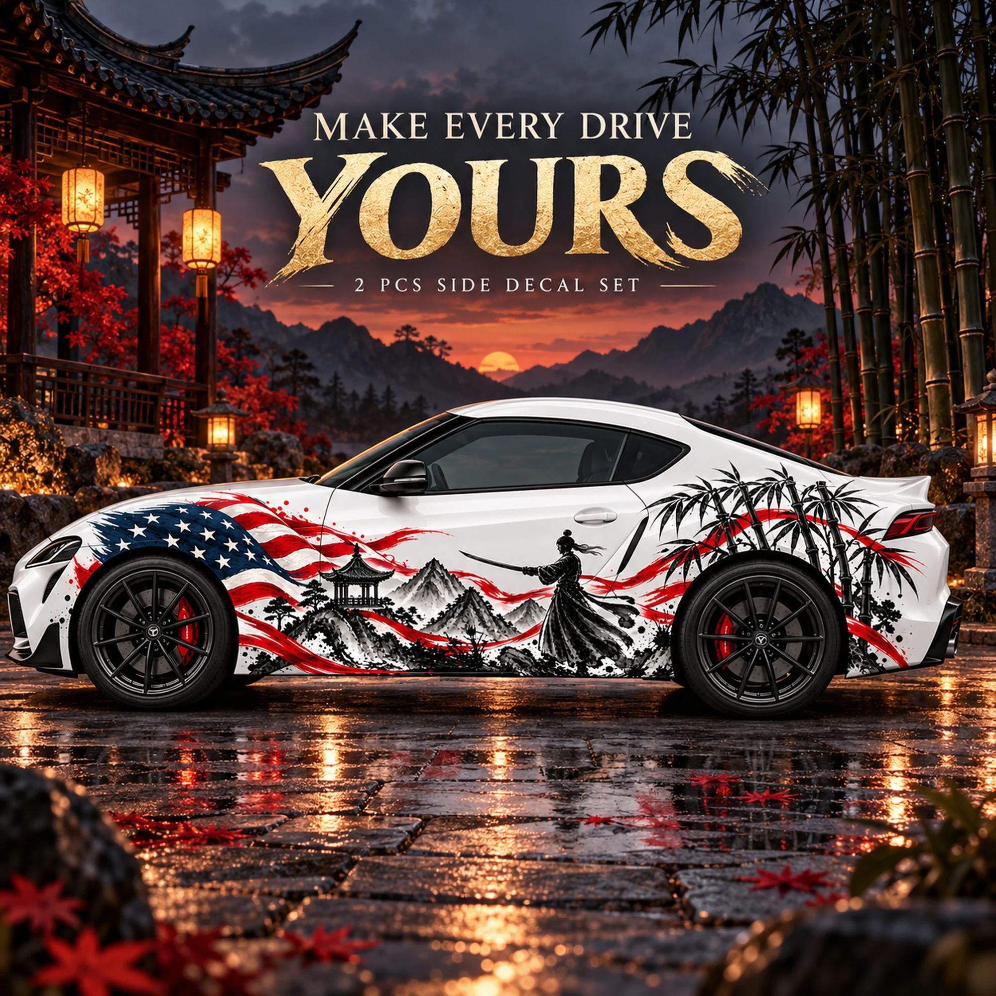 2 PCS American Flag Ink Bamboo Swordsman Car Side Decals, Die-Cut Vinyl Sticker Set