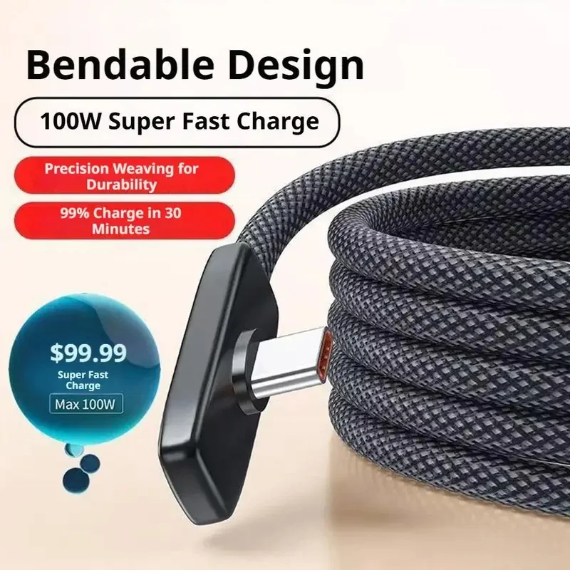 For 100W Type-C Data Cable With 90-degree Bend Interface Braided Data Cable 100W Ultra Fast Charging 100cm 150cm 59.05 inches