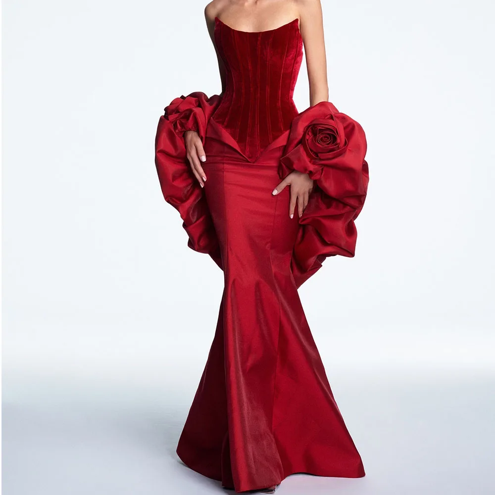 

Exquisite Flowers Mermaid Detachable Sleeve Satin Evening Dresses Delicate Floor Length Strapless Sleeveless Vestidos De Noche