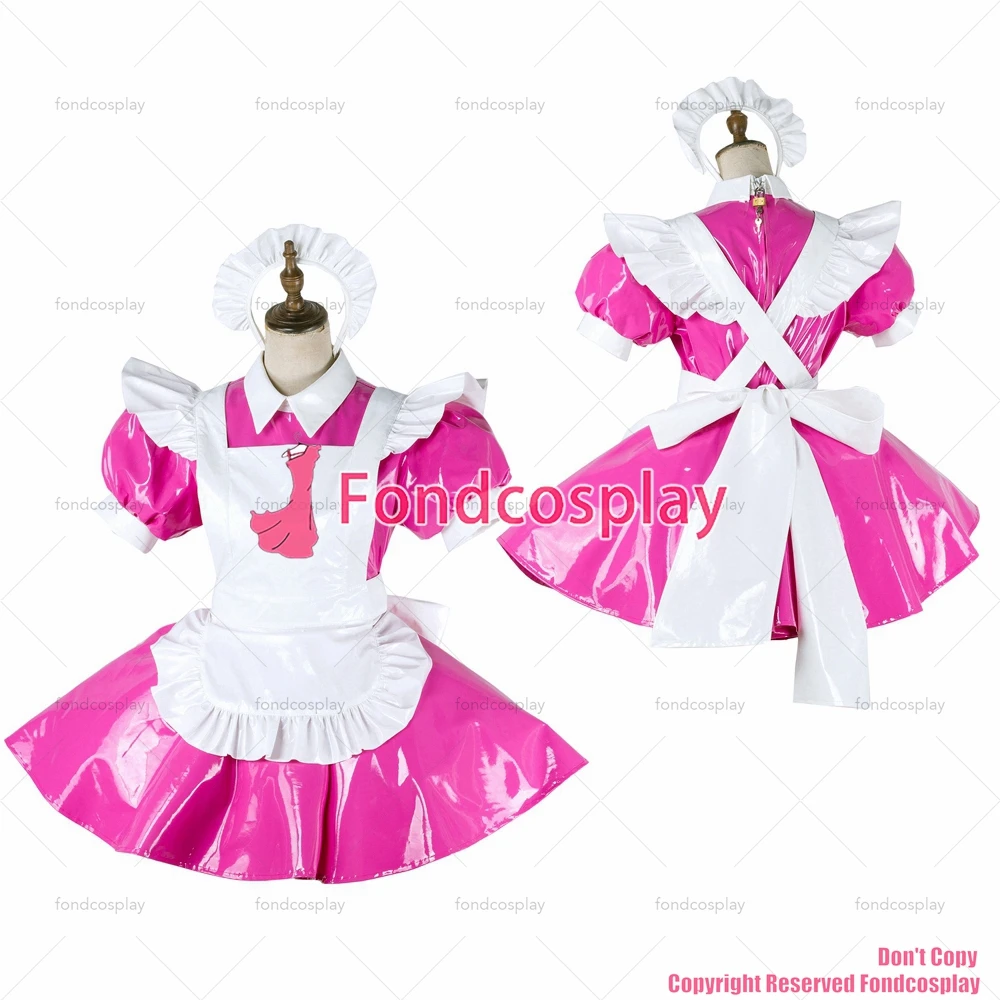 

fondcosplay adult sexy cross dressing sissy maid lockable hot pink thin PVC dress vinyl Uniform white apron CD/TV[G2008]