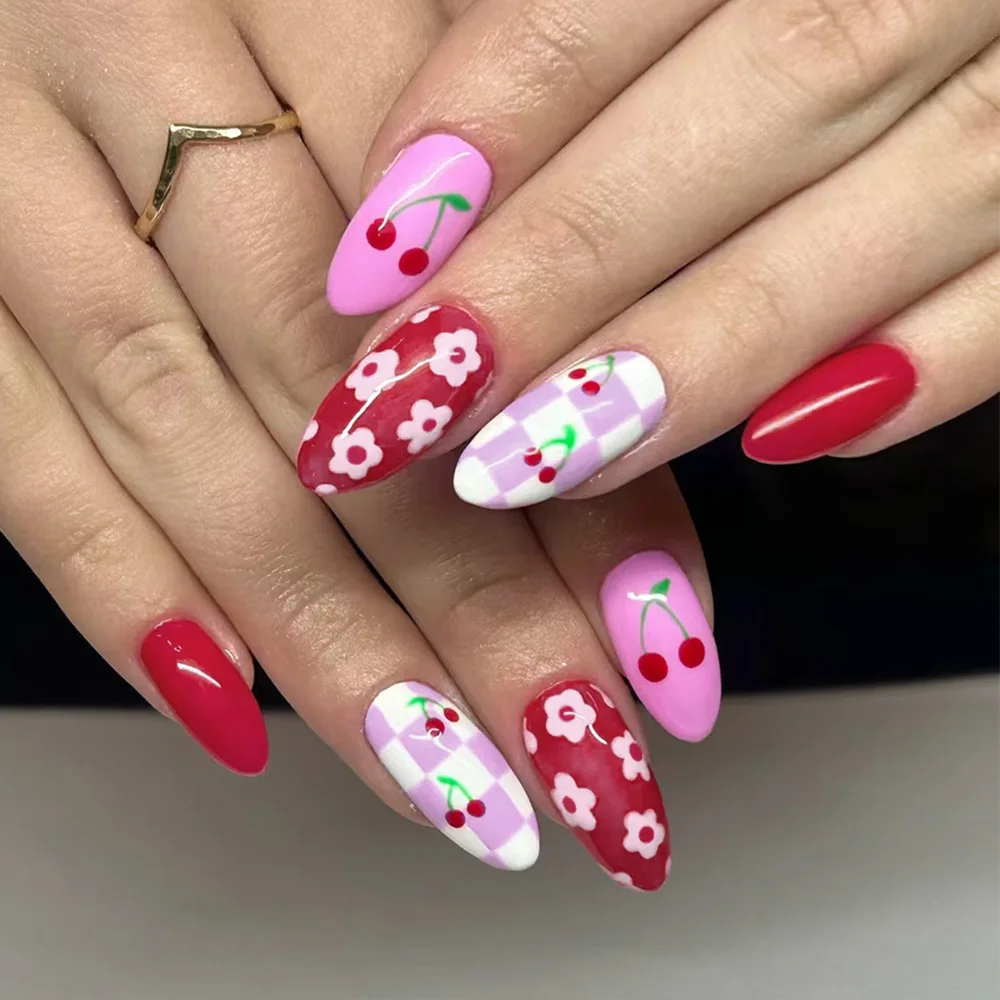24pcs Cute Sweet Oval Stick on Nail Red Short Almond Fake Nails Tips with Love Bow Design False Nail Polka Dot Press on Nails