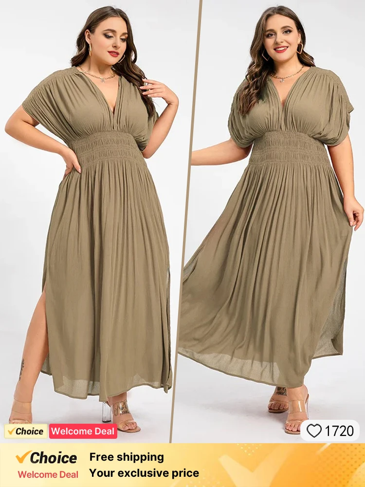 

2025 Summer New Women's Dress Fashion Plus Size Champagne V-neck Chiffon Dress Solid Color Leisure Vacation Women's Long Dress