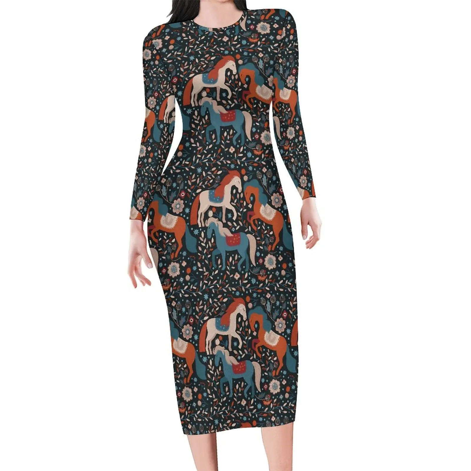 Nordic Horse Bodycon ชุดฤดูใบไม้ผลิ Vintage สัตว์ Kawaii ชุดเดรสหญิงแขนยาวเกาหลีแฟชั่นขนาดใหญ่ 4XL 5XL