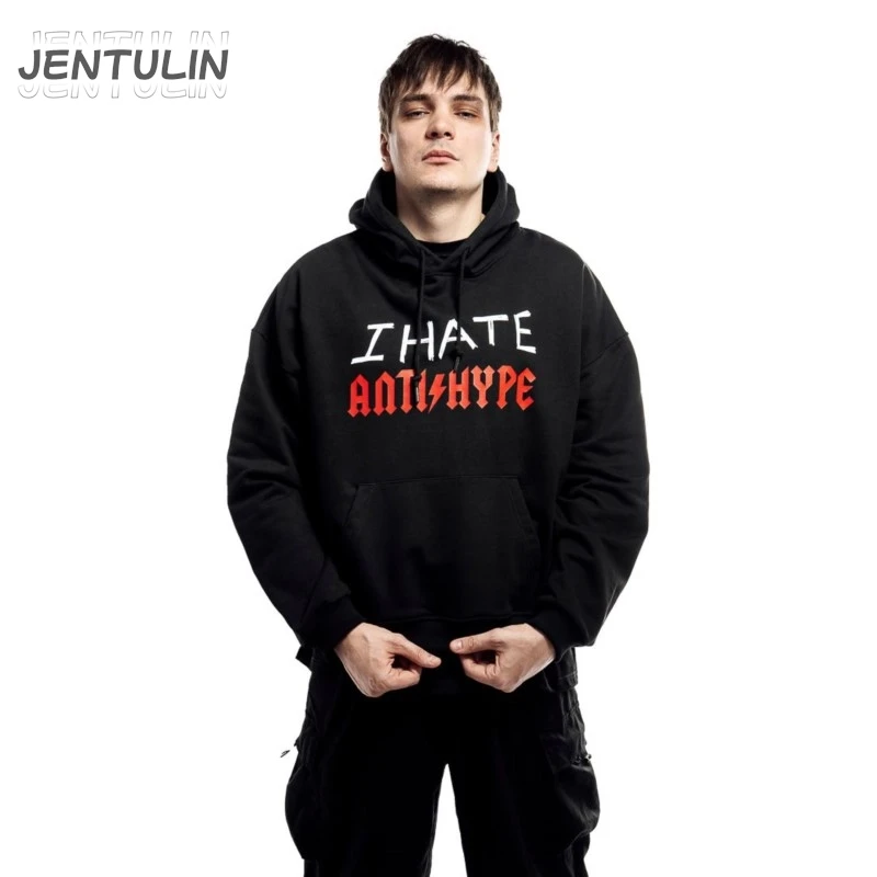 Harajuku Oversized Pullover Men\'s Hoodies I HATE ANTIHYPE Graphic Print Goth Hooded Sweatshirt Hip Hop Fashion Clothing Y2k Tops
