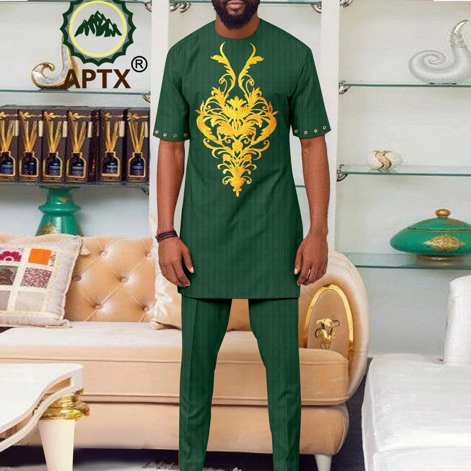 Dashiki African Men Outfits Suit 2 Piece Set Short Shirt Pants Top+ Slim Fit Trousers Casual Business Wedding Attire A2316079