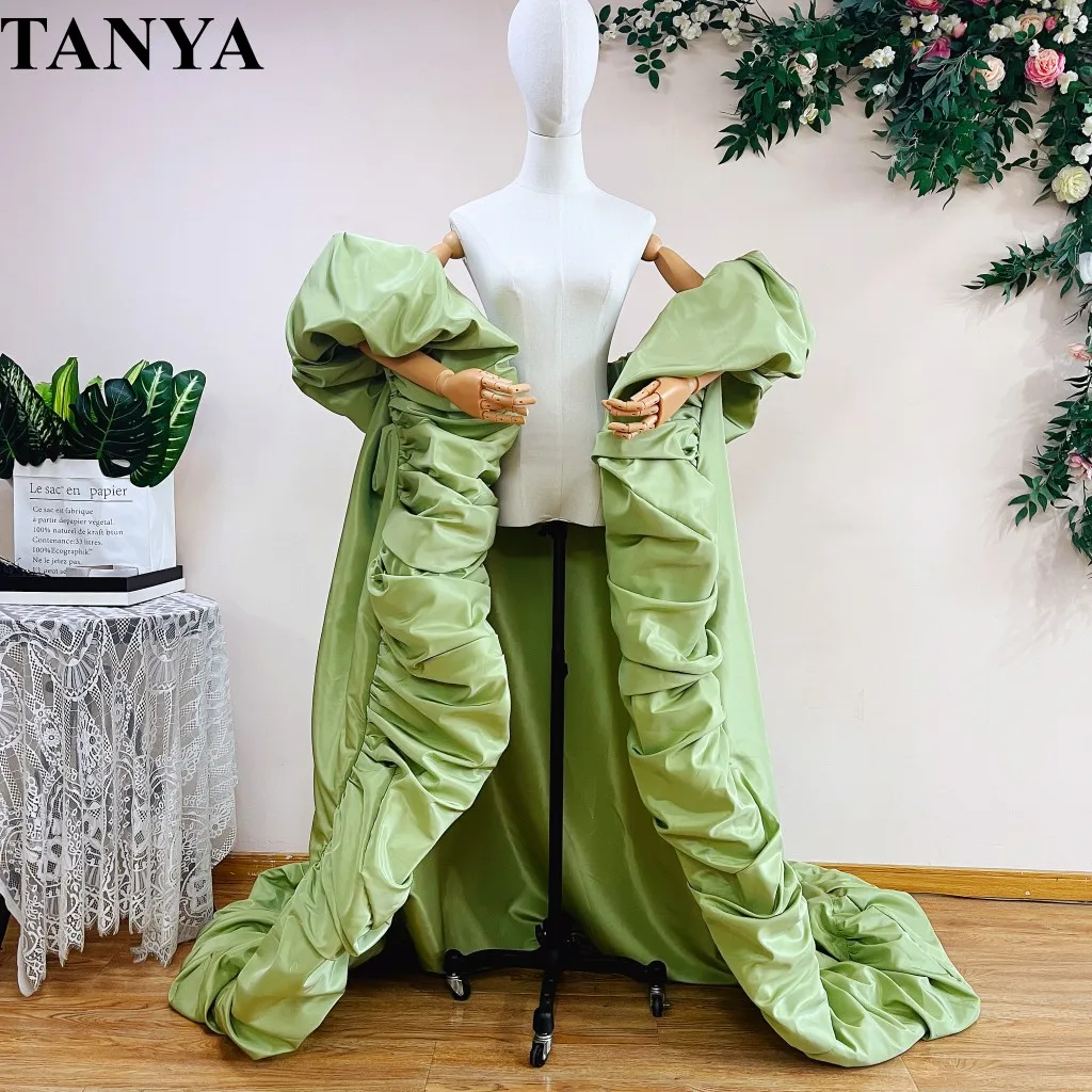 Matcha Green Long Taffeta Cape Puffy Sleeves A Line Pink Evening Party Coat Fashion Cloak ,Lady Outfit Runway Wrap Jacket