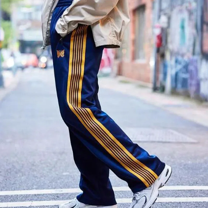 High Quality Trousers Blue Stripe Webbing Yellow Logo Embroidery Casual Fashion Men's And Women's Pants