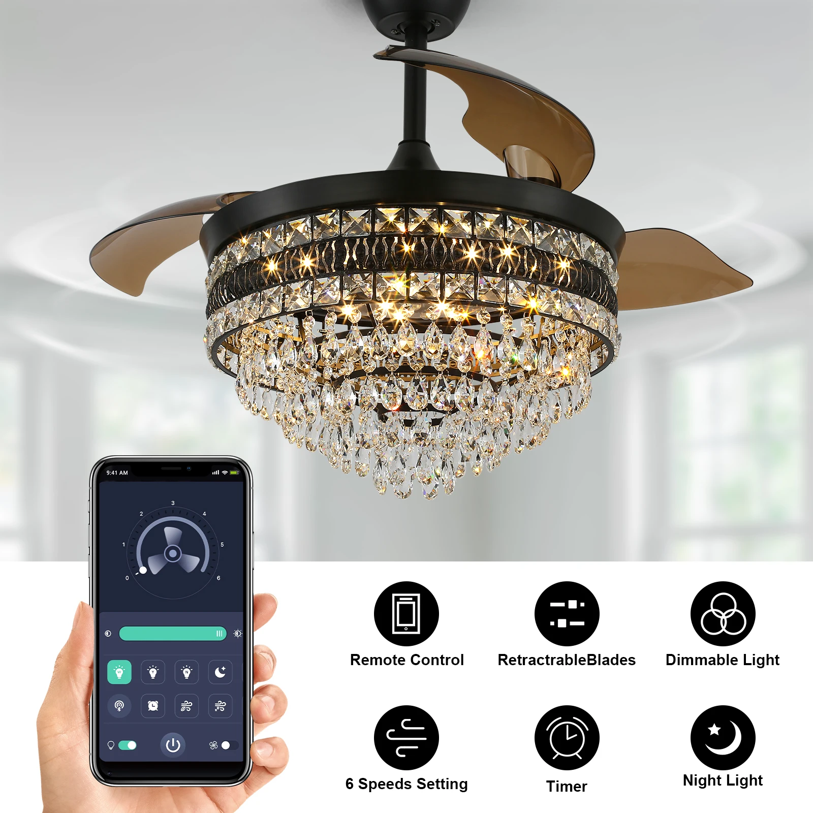 Modern Smart Ceiling Fan Chandelier Gold RC Adjustable 6 Speed Pendant Light Luminaire Bedroom 3 Heads Led Fandelier Lamp Indoor