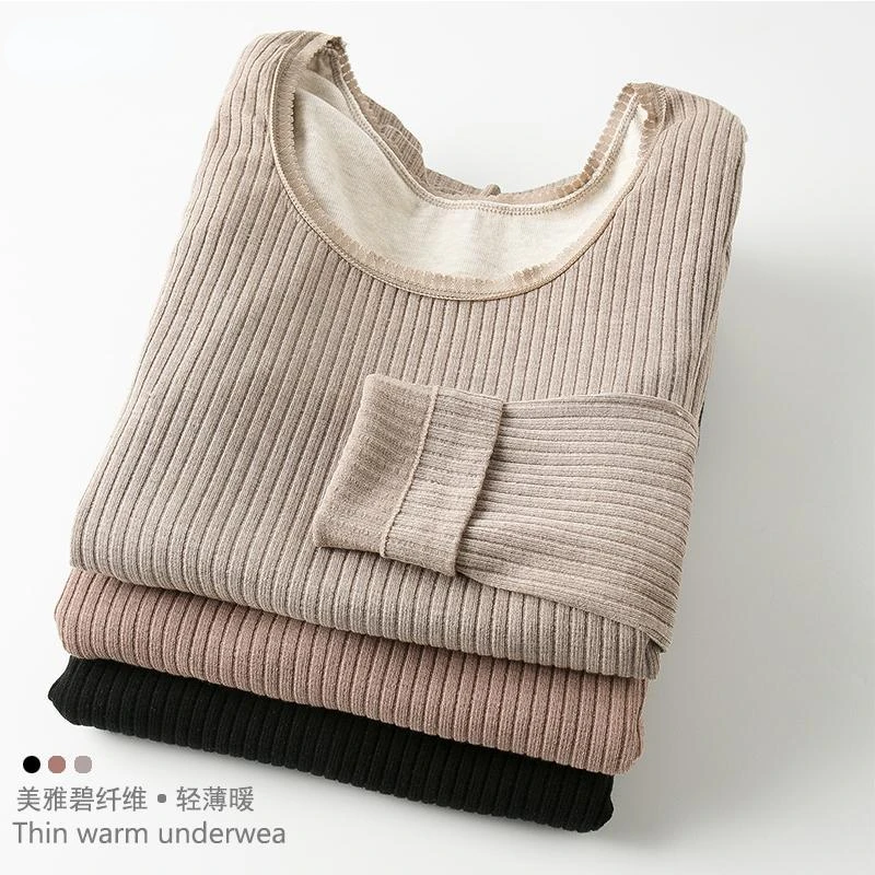 

New Simple Solid Color Lace Large Round Neck Plus Velvet Thick Thermal Underwear Sweater Bottoming Shirt Autumn Top Women