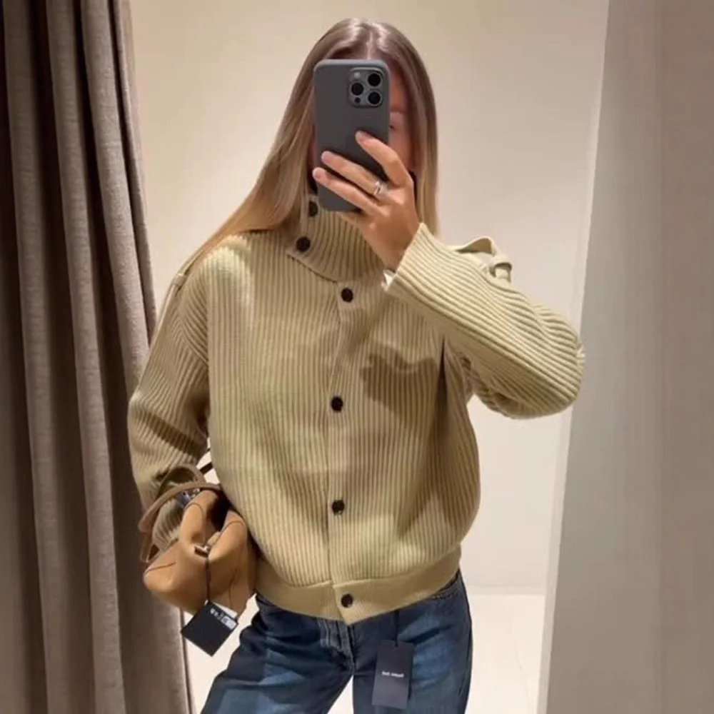 Cárdigan de punto informal para mujer, prendas de punto lisas con cuello levantado y una hilera de botones, prendas de vestir exteriores elegantes para otoño e invierno 2026