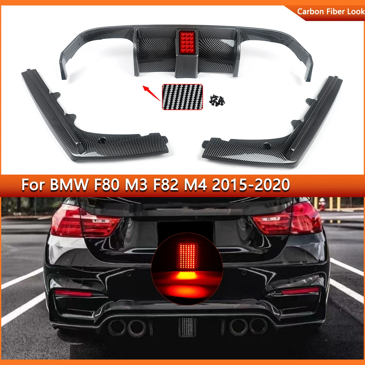 For 2015-2020 BMW F80 M3 F82 M4 Rear Bumper Diffuser Lip W/ LED PSM Carbon Fiber