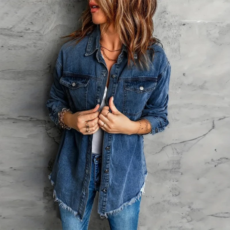

Distressed Denim Unisex Shacket - 90s American Vintage Oversized Shirt, Women's Dark Wash Raw Hem Long Sleeve for Winter Outfits