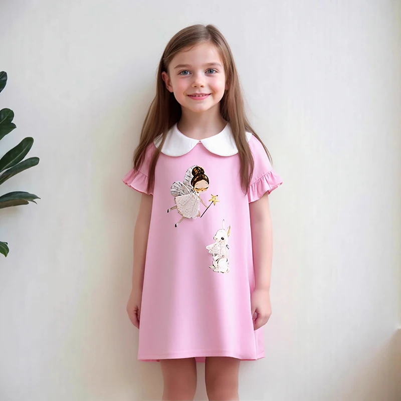 Little maven Girls Peter Pan Collar Dress Cotton Kids Princess Casual Rabbits Angel Pink Dresses for Children Dress Summer