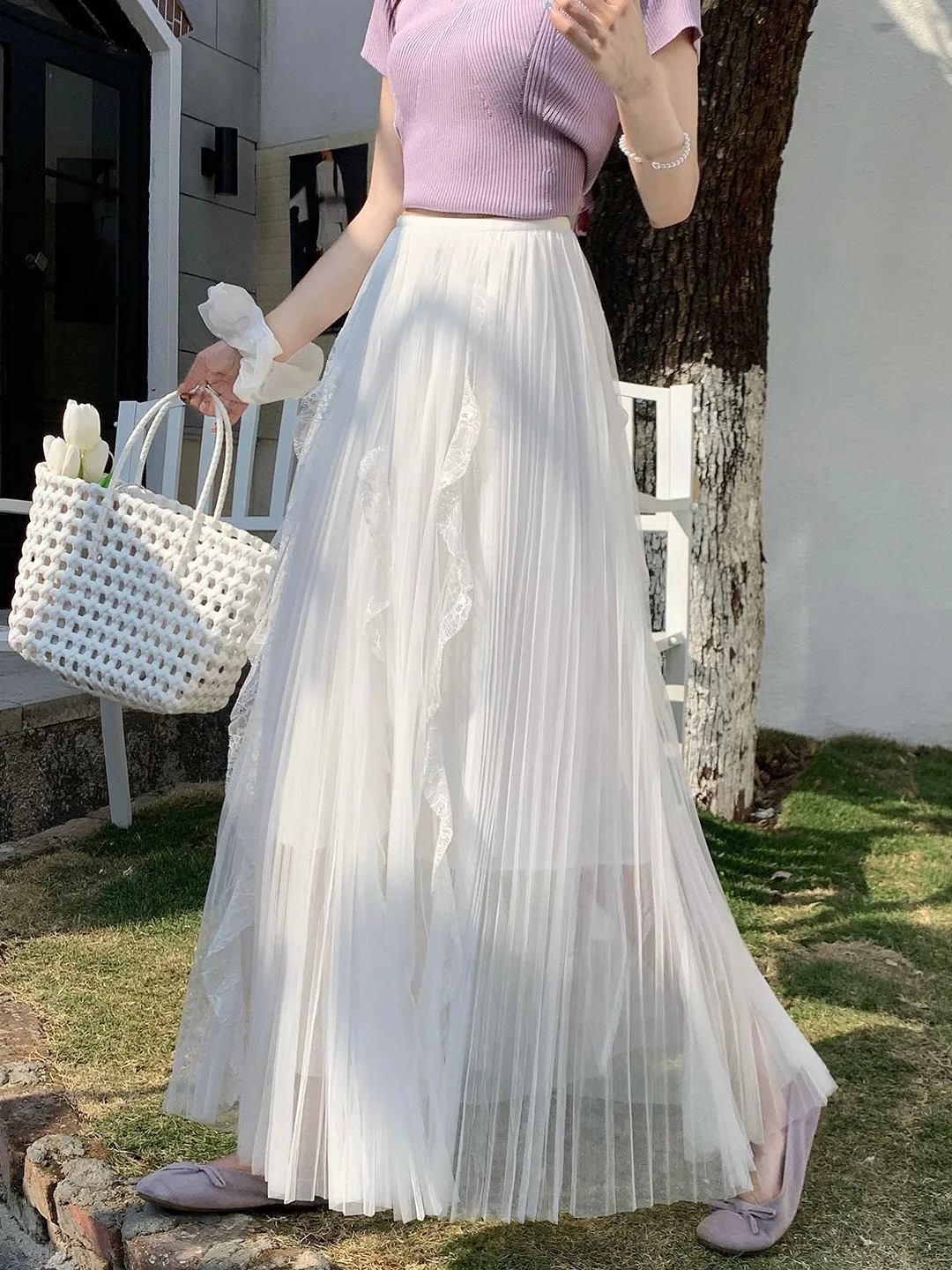 

Emily Clud Recommended~ Lace Pleated f Skirt Spring Summer High Waist A-Line Long Fairy Skirt Casual High Waist Long Skirt