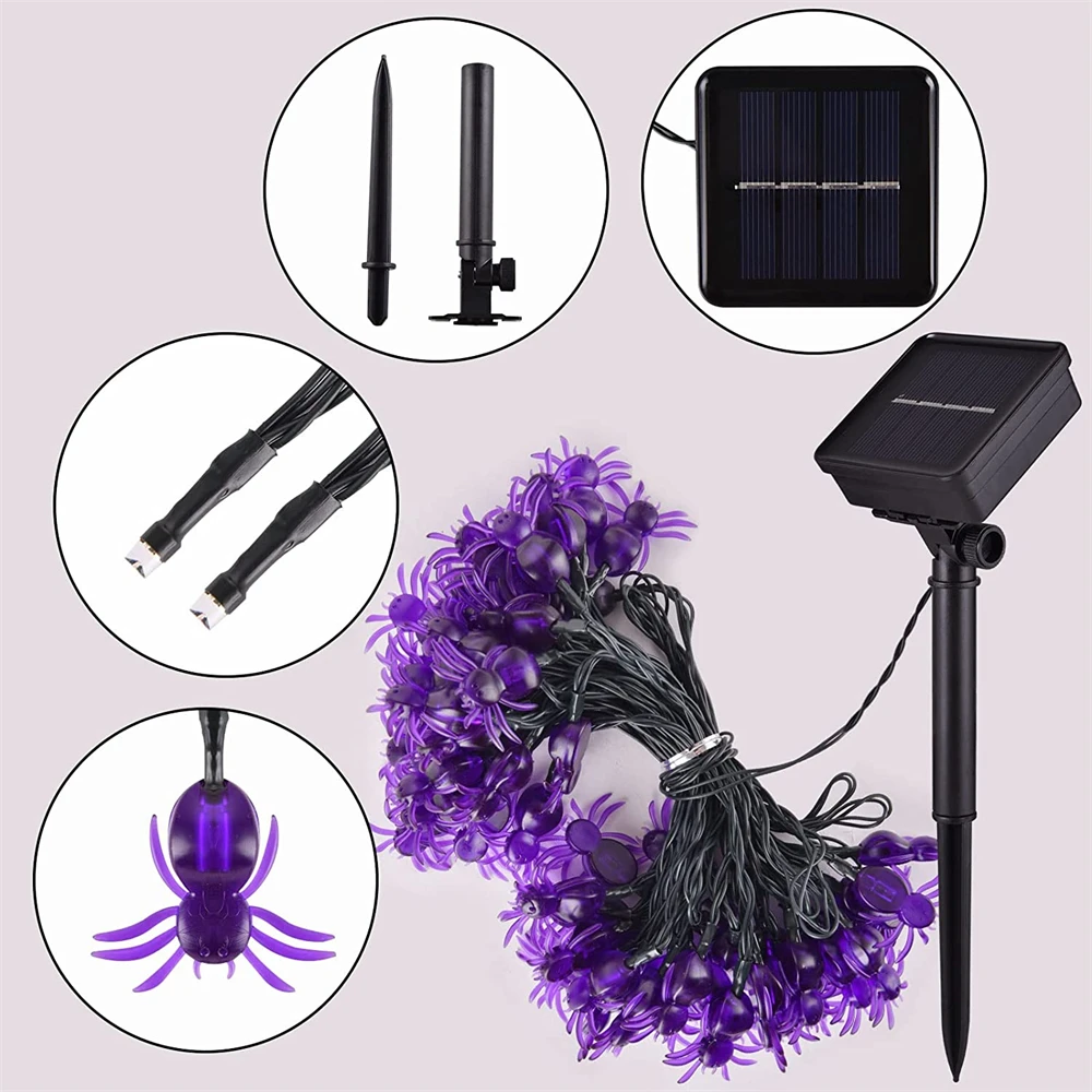 50/30/20leds Solar Spider Lights String Halloween Purple Spider Lights for Christmas New Year Party Garden Courtyard Wall Decor