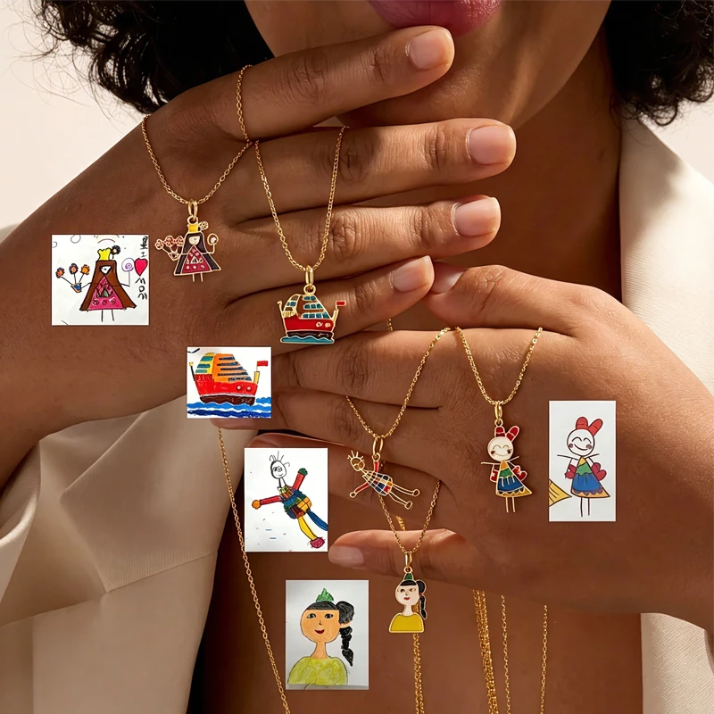 Treebud Personalized Custom Children's Drawing Necklace Stainless Steel Color Printing DIY Artwork Logo Pendant Choker Jewelry