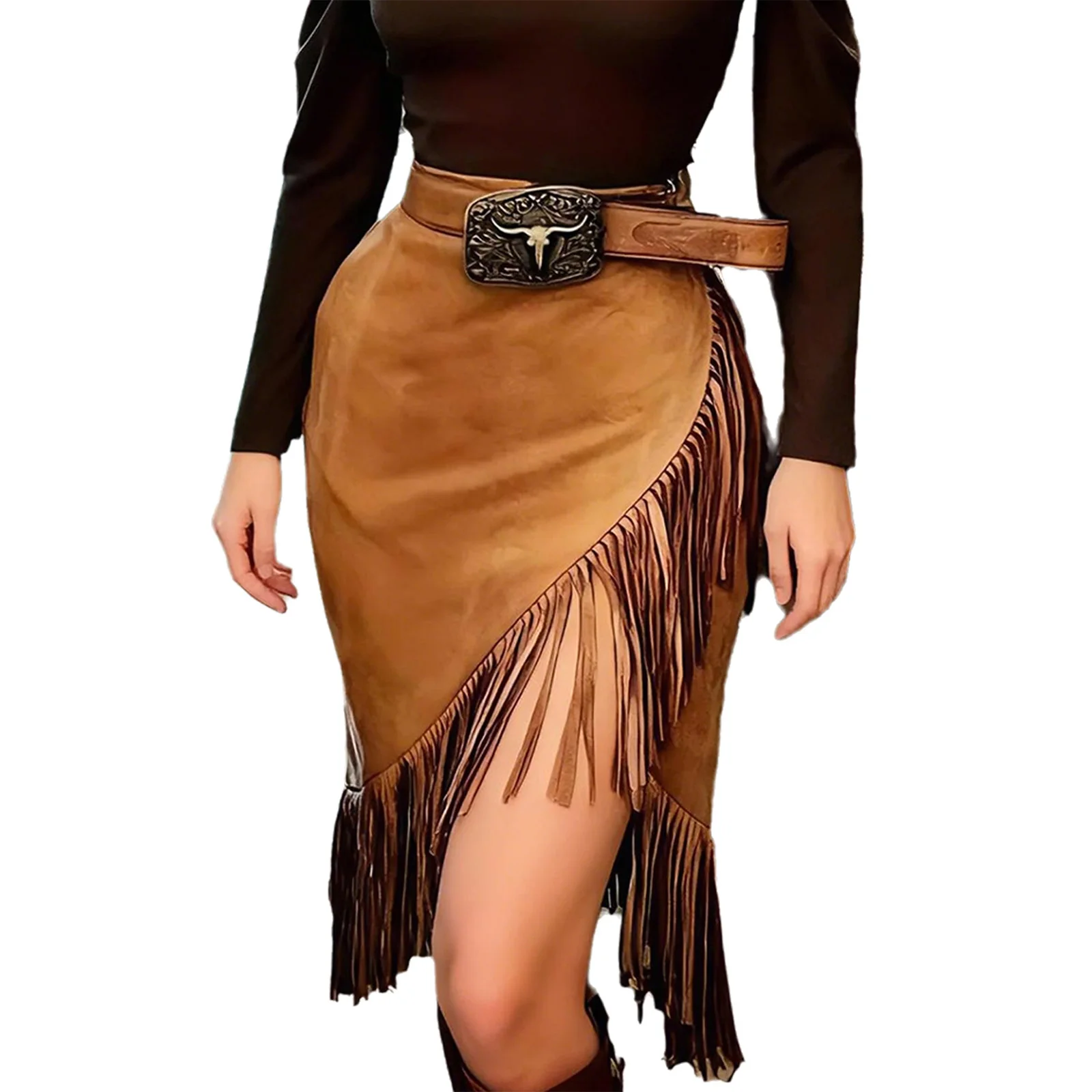 

Женская винтажная облегающая юбка с кисточками в стиле пастушки, модная юбка из искусственной замши с бахромой и подолом на боковой молнии для клубной вечеринки, уличная одежда