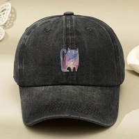 Cartoon Colored Oil Painting ,Cat Print, American Retro Ssoft Ttop,Vintage Baseball Cap,Women's Wide Brim,Big Head Circumference