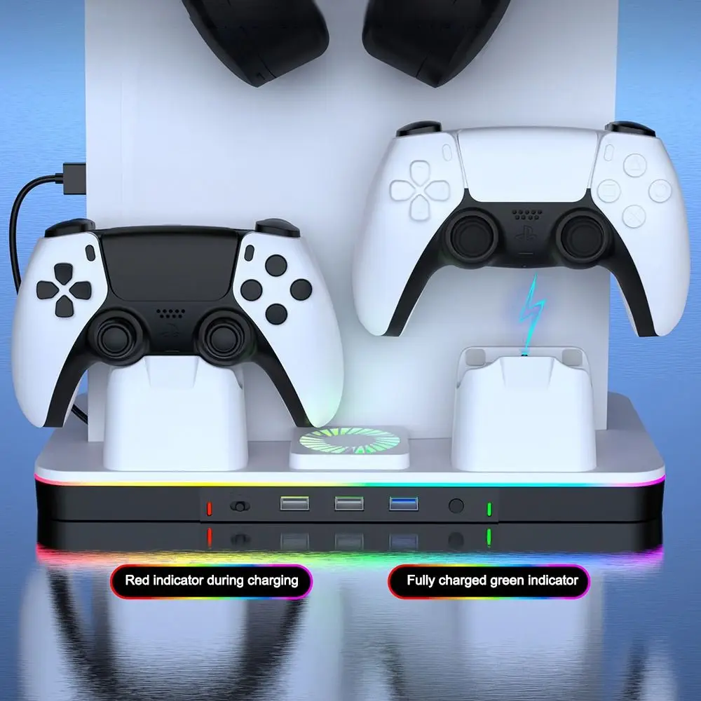 

Multi-functional Controller Charging Stand RGB Light with Headphone Holder Cooling Stand Fast Charging for PS5/PS5 Slim