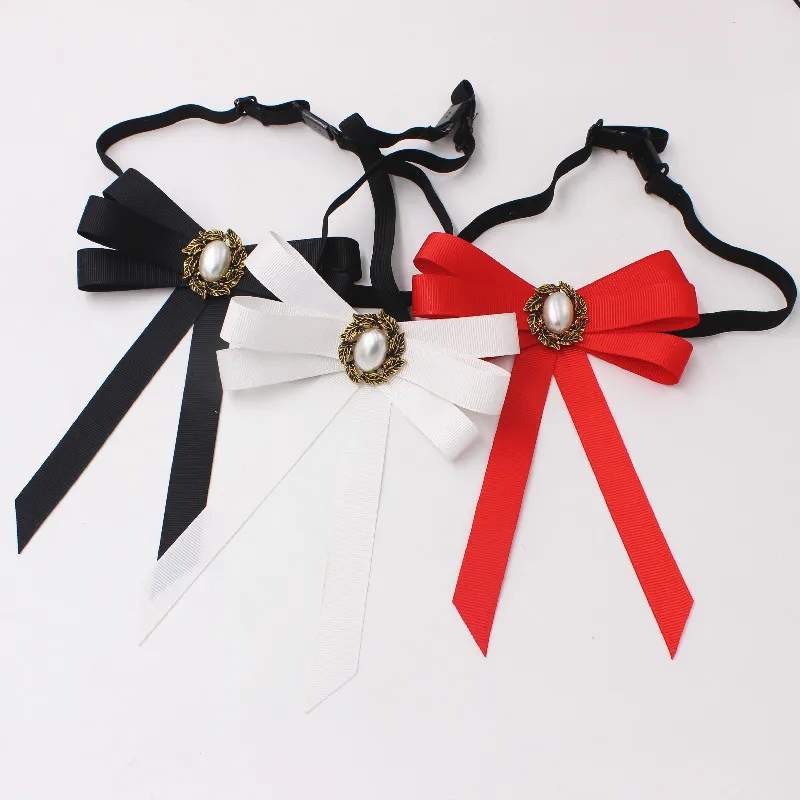New Threaded Ribbon Bow Tie Brooch Korean College Style Women\'s Uniform Shirts Daily Clothing Accessories Imitation Pearl Bowtie