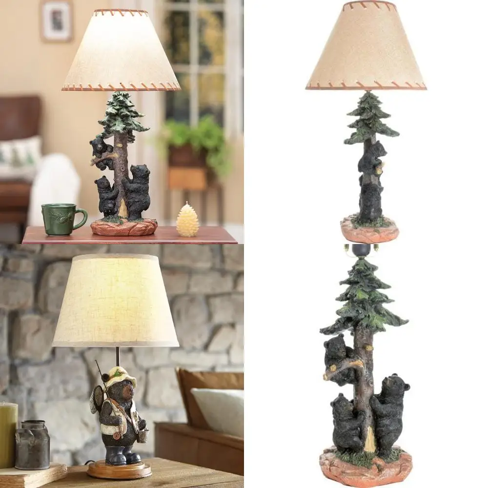 مصباح طاولة عائلي على شكل دب عتيق ريفي - كابينة، غرفة معيشة، منضدة، مكتب - طول 26.6، مثالي لديكور المنزل