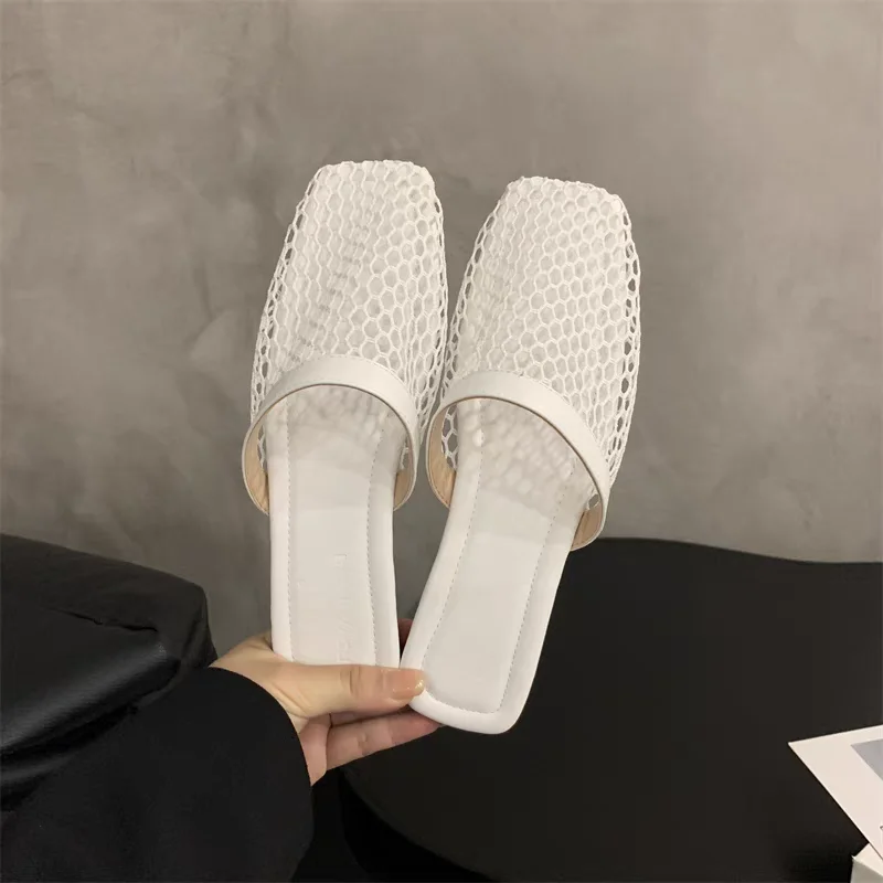 Summer Women Slippers Sexy Mesh Mules Indoor Home Slides Square Toe Female Flats Shoes Outdoor Clogs Beach Sandals Flip Flops