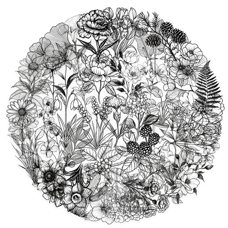 

New 50Pcs Transparent Black White Vintage Flower Plant Stickers Decals Creative DIY Laptop Scrapbooking Decoration PET Stickers