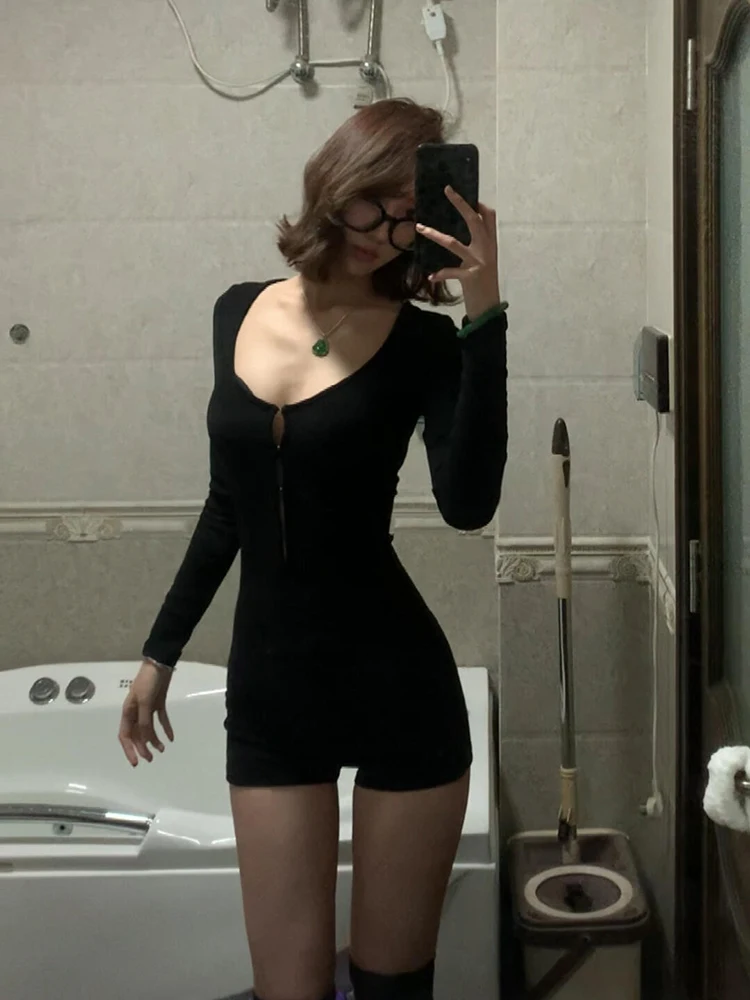 

Американский женский черный облегающий комбинезон с длинными рукавами и шортами, комплект с высокой талией, прямой крой, для повседневной носки