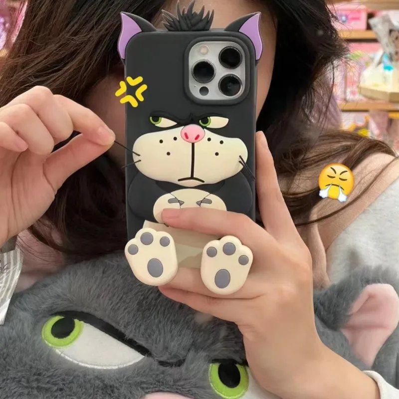 Милый 3D-чехол с мультяшным котом Люцифером и Золушкой, растягивающимся для ног, для iPhone 17 16 15 14 13 12 11 Pro Max, милый мультяшный чехол-подставка