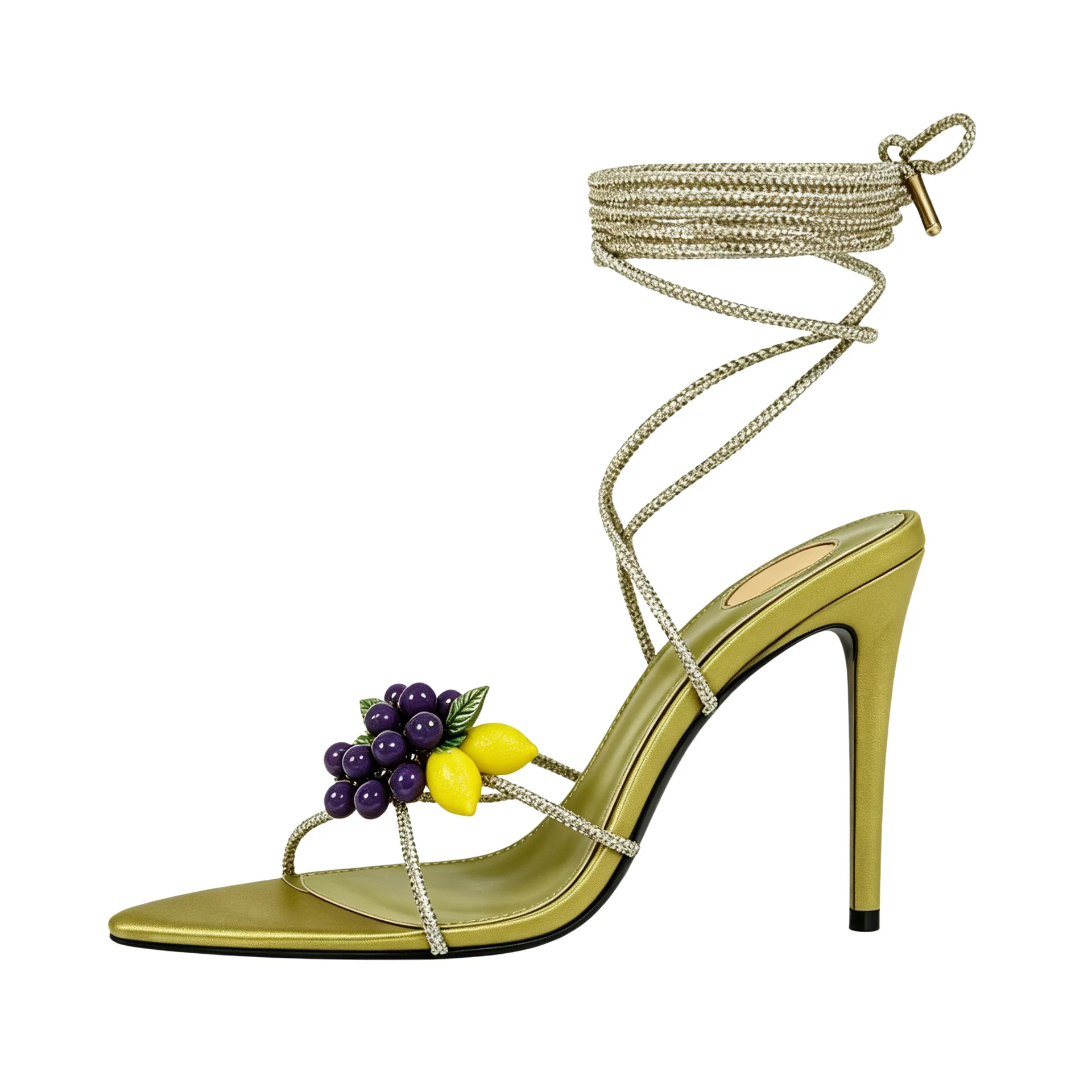 Women's 3D Fruit Embellished Rhinestone Wrap Ankle Strap Stiletto Sandals Decor Open Pointed Toe High Heels Tropical Vacation view 3