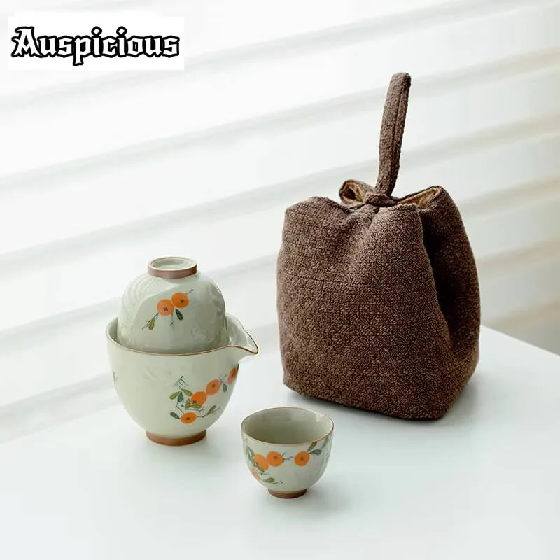 

Hand-painted Persimmon Tea Set Kit Creative 1 Pot 2 Cups Tea Making Camping Travel Tea Set Portable Cloth Bags Drinkware Craft