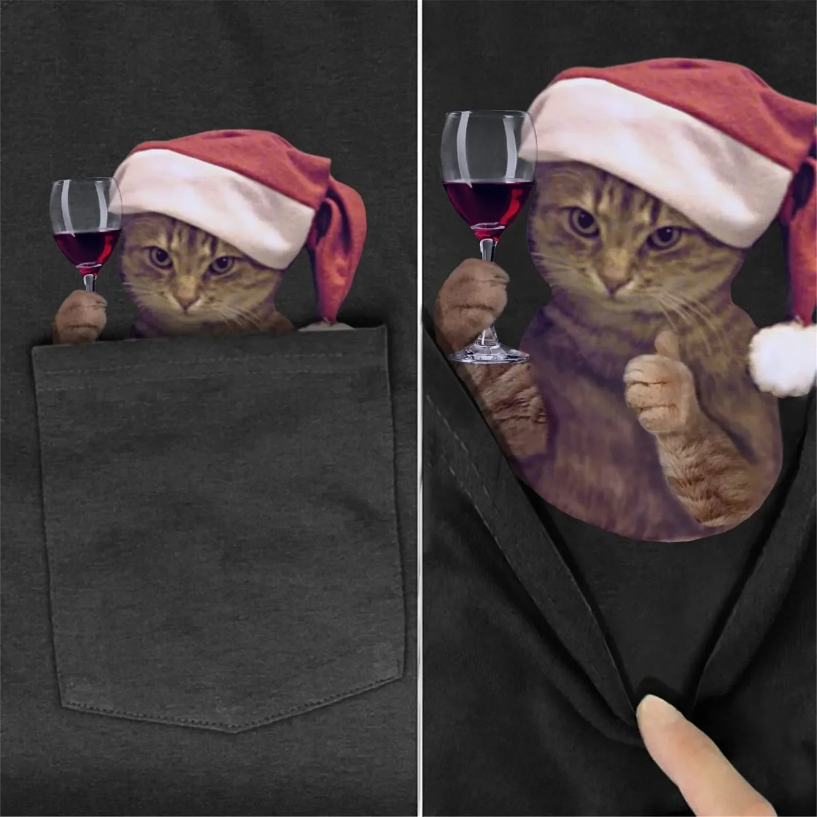 CLOOCL Kerst T-shirts Kerstman Katten Duimen Up Pocket T-shirt Mannen Kleding Korte Mouwen Zomer Katoen Tees Dropshipping