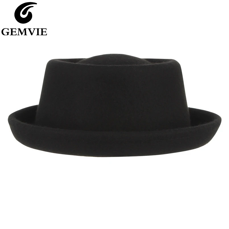 GEMVIE-Chapéu de porco de feltro macio clássico para homens e mulheres, vestido curvo Fedora, 100% lã, outono, inverno