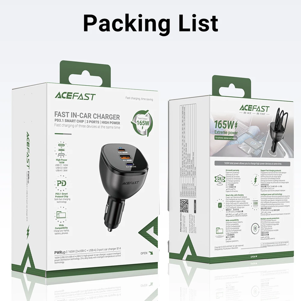 ACEFAST 140W USB C Fast Charging Phone Charger in Car For iPhone 16 15 Dual USB C Qucik Charging Adapter For Macbook Air Tablet
