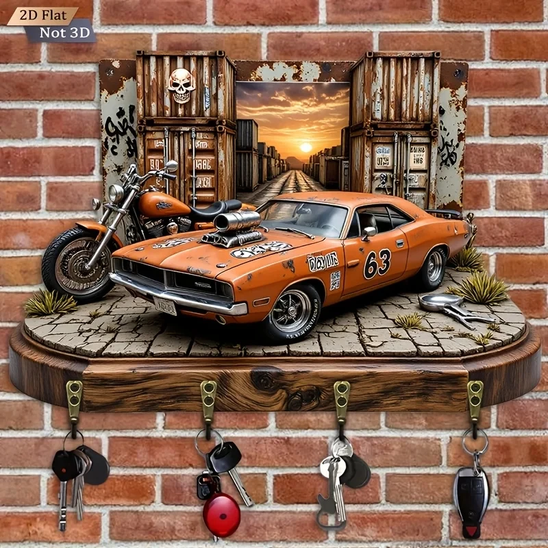 2D Flat. 1pc. American Muscle Car Motorcycle Hook- Wooden Multifunctional Decorative Rack with Four Metal Hooks, Wall