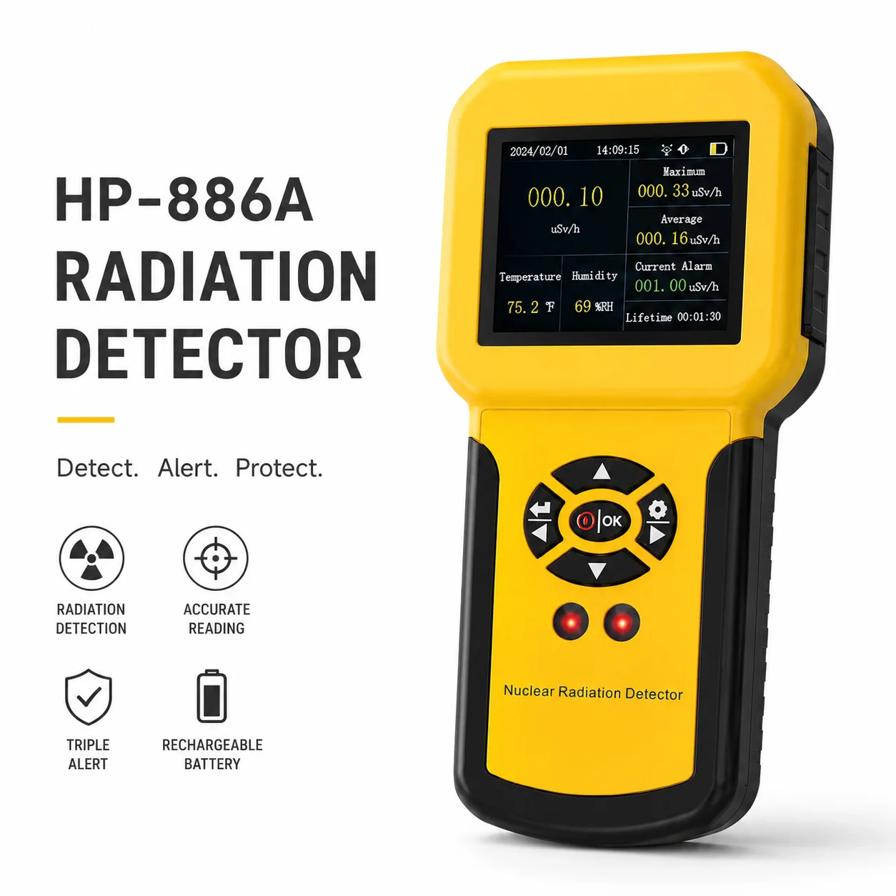 Contador Geiger, Detector de Radiación Nuclear con Alarma, Detecta Radioactividad, Medidor de Radiación Beta, Rayos X y Gamma, Recargable