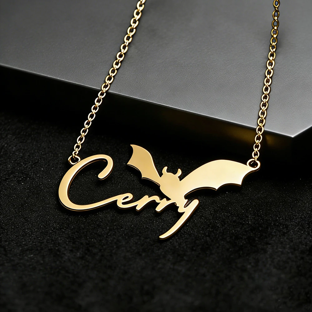 

Diamon Custom Name Necklace Personalized Golden Bat Shape Pendant Stainless Steel Choker Jewelry Customized Chain for Women Gift